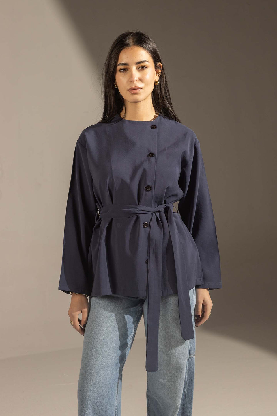 Navy Structured Belted Blouse