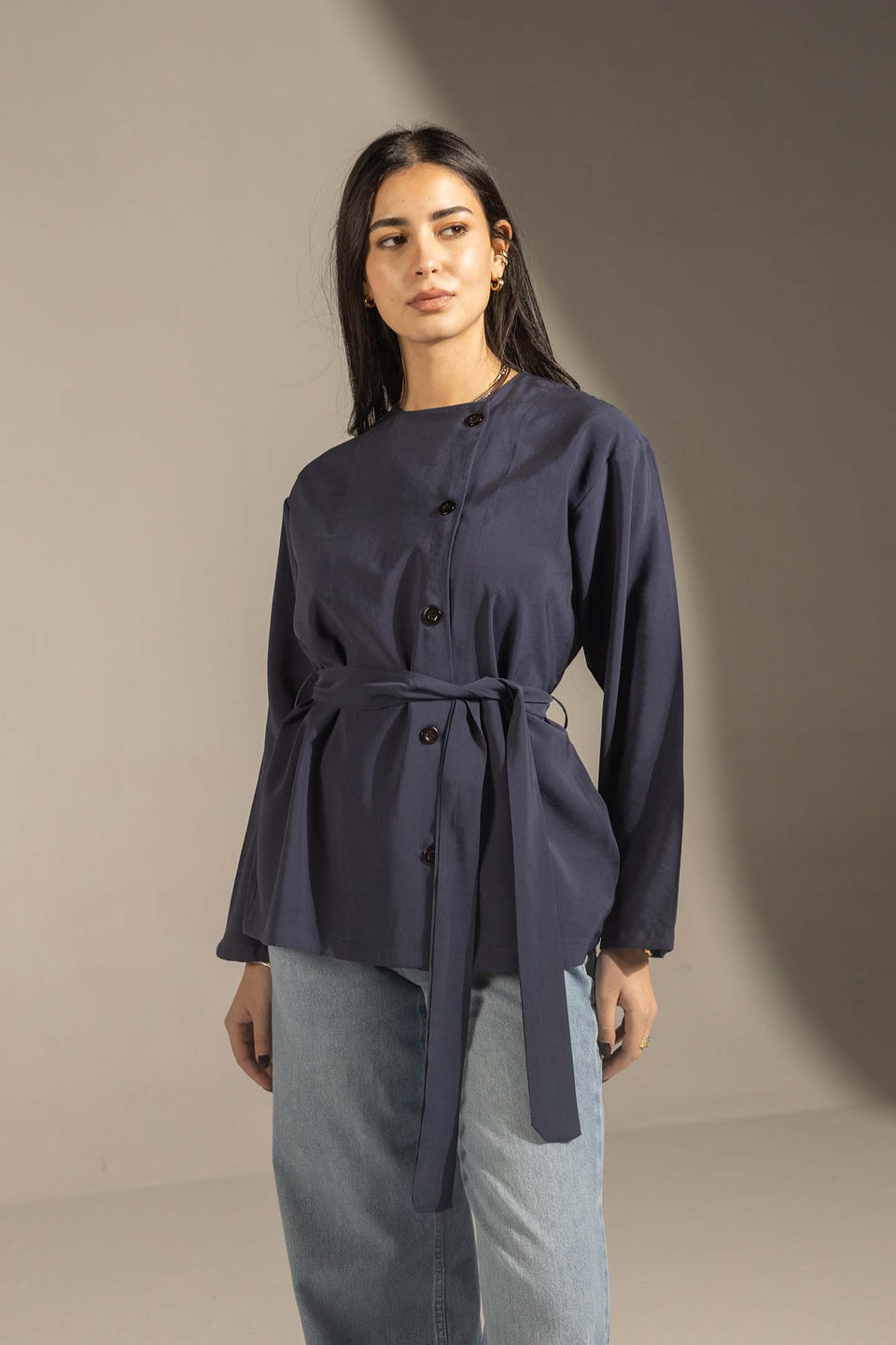 Navy Structured Belted Blouse