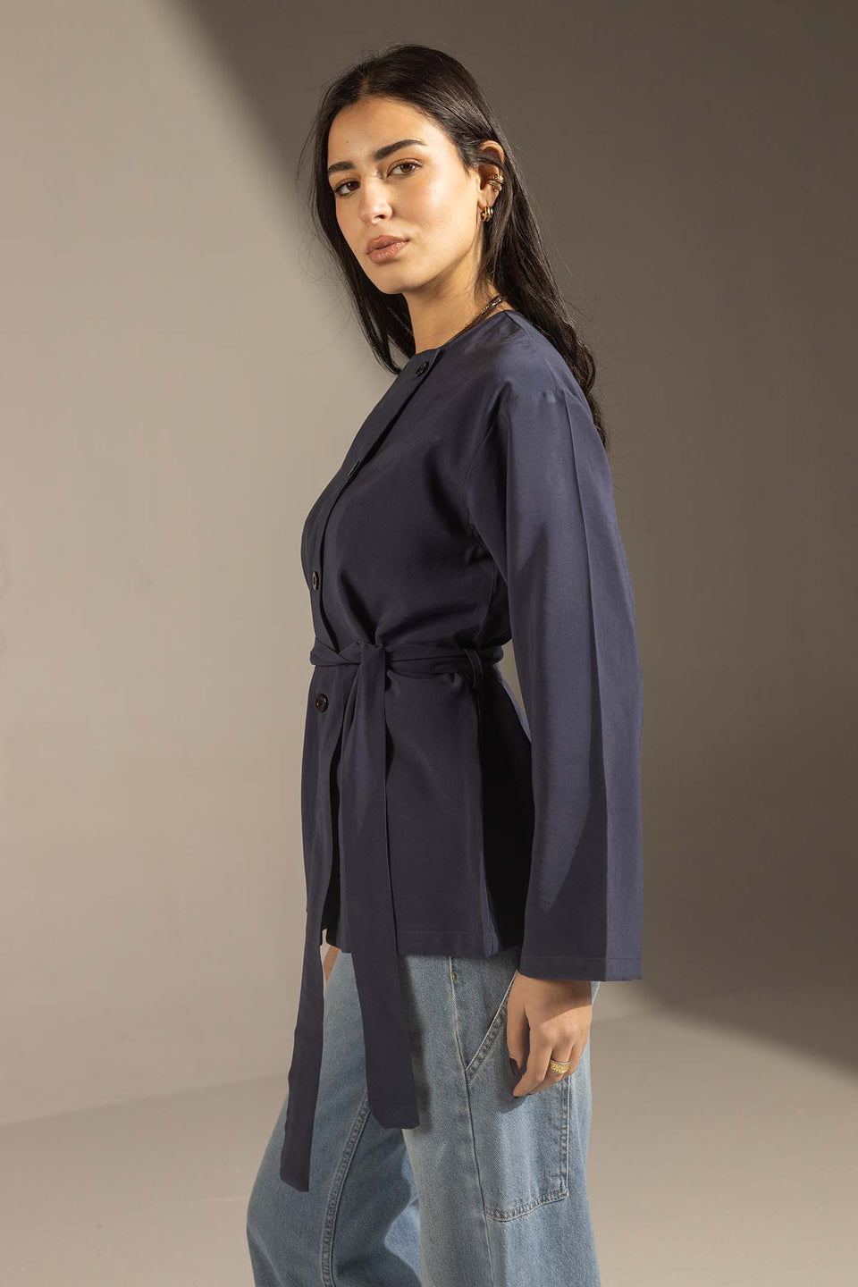 Navy Structured Belted Blouse