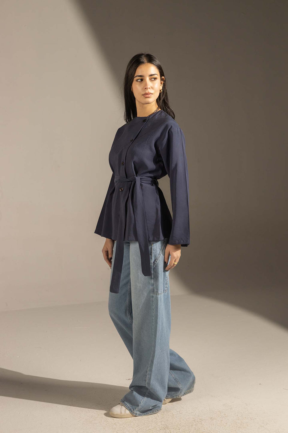 Navy Structured Belted Blouse