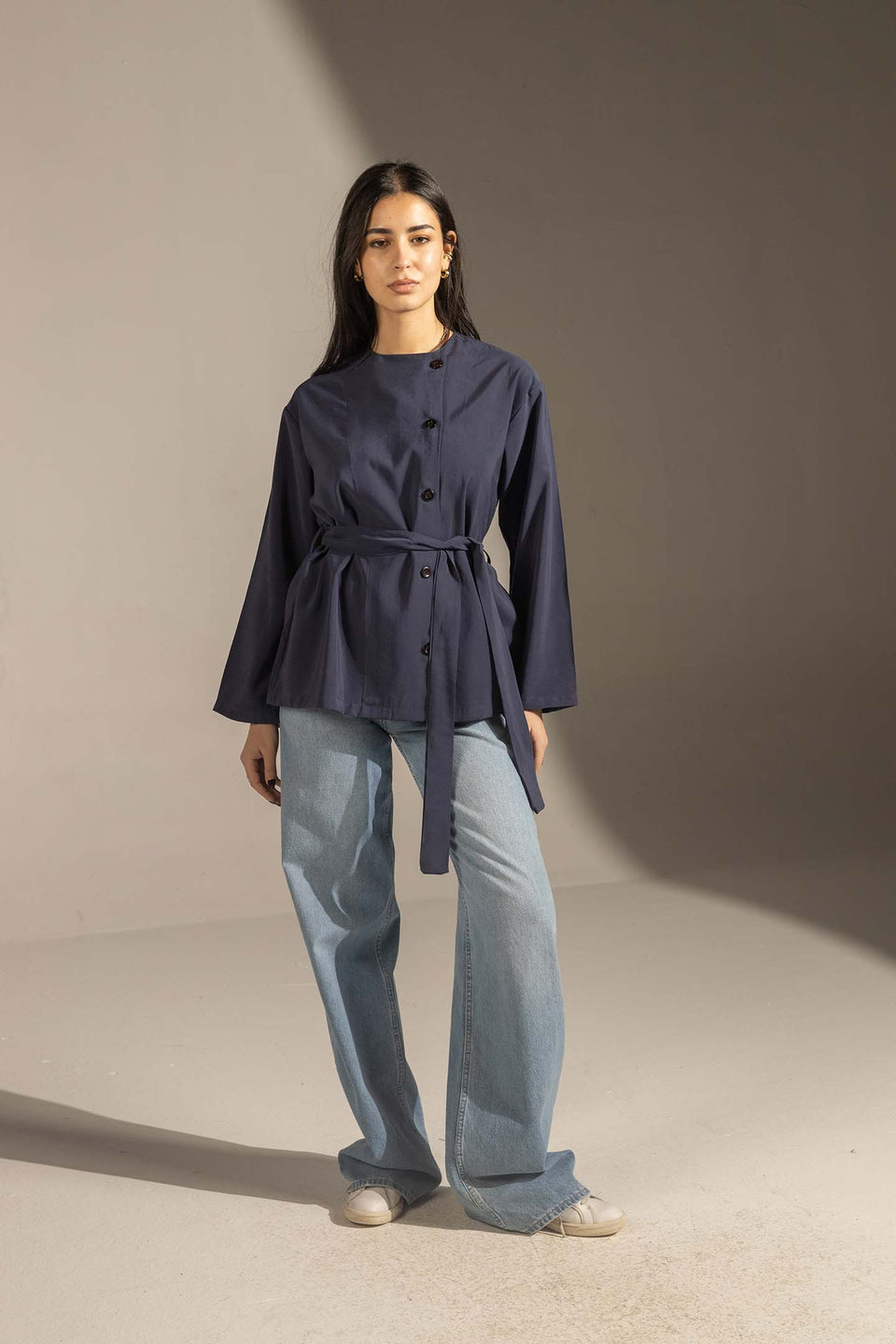 Navy Structured Belted Blouse