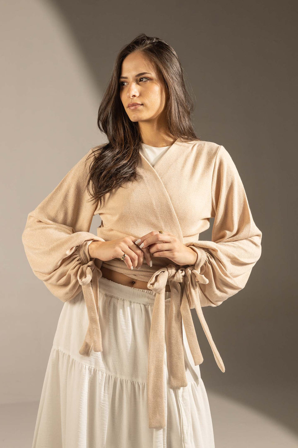 Beige Elegant Wrap Blouse with Tie Sleeves