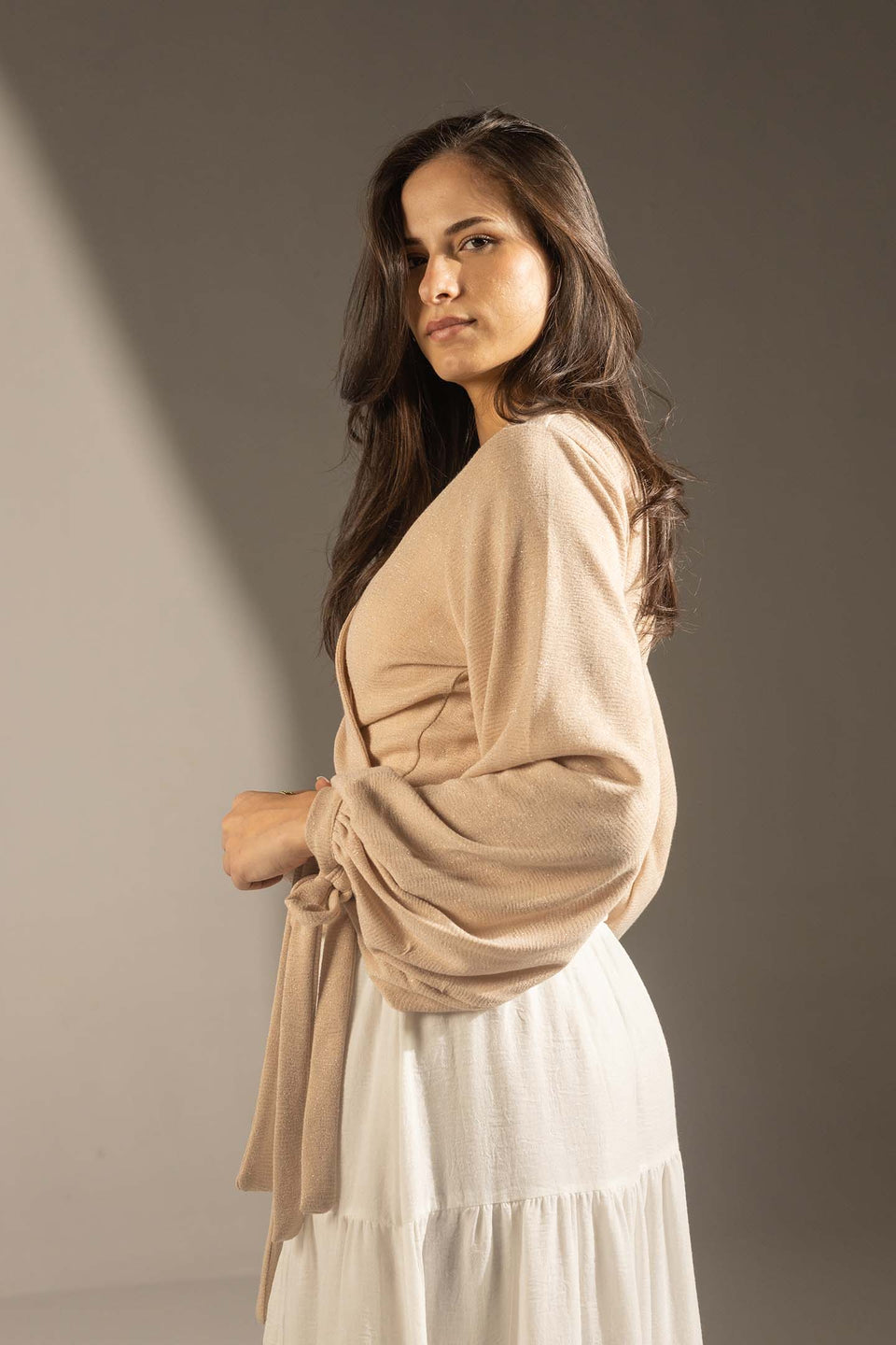 Beige Elegant Wrap Blouse with Tie Sleeves