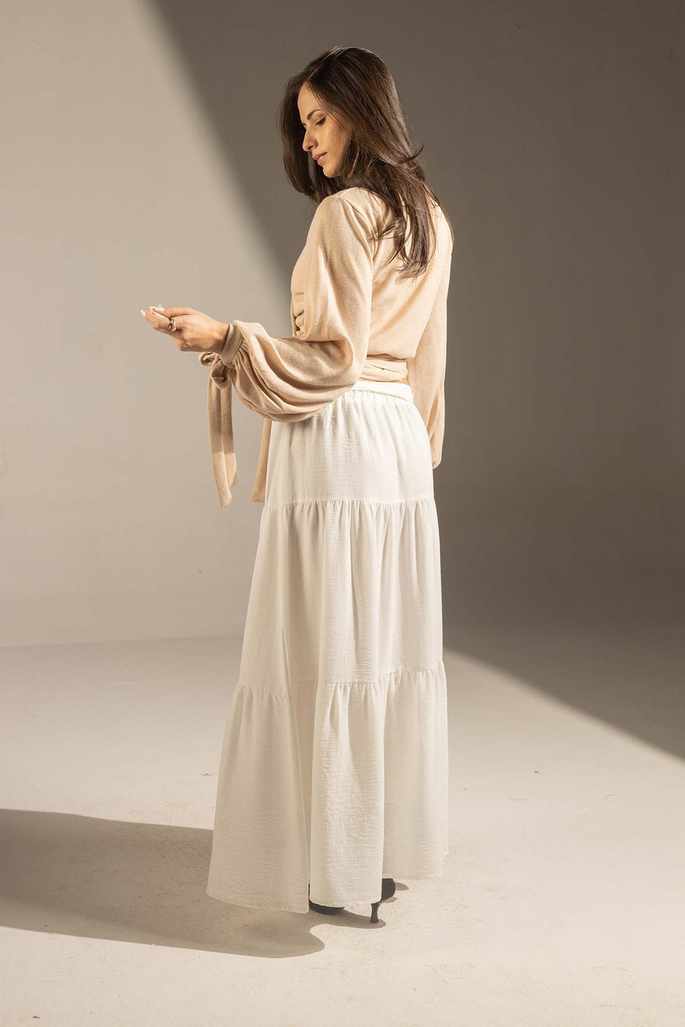Beige Elegant Wrap Blouse with Tie Sleeves