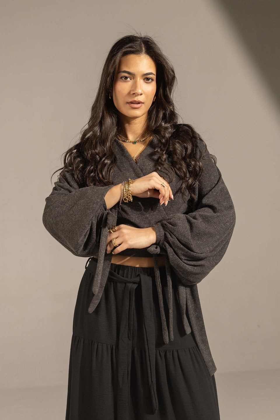 Black Elegant Wrap Blouse with Tie Sleeves