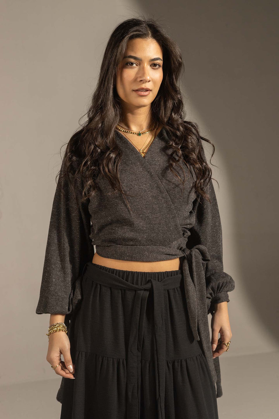 Black Elegant Wrap Blouse with Tie Sleeves