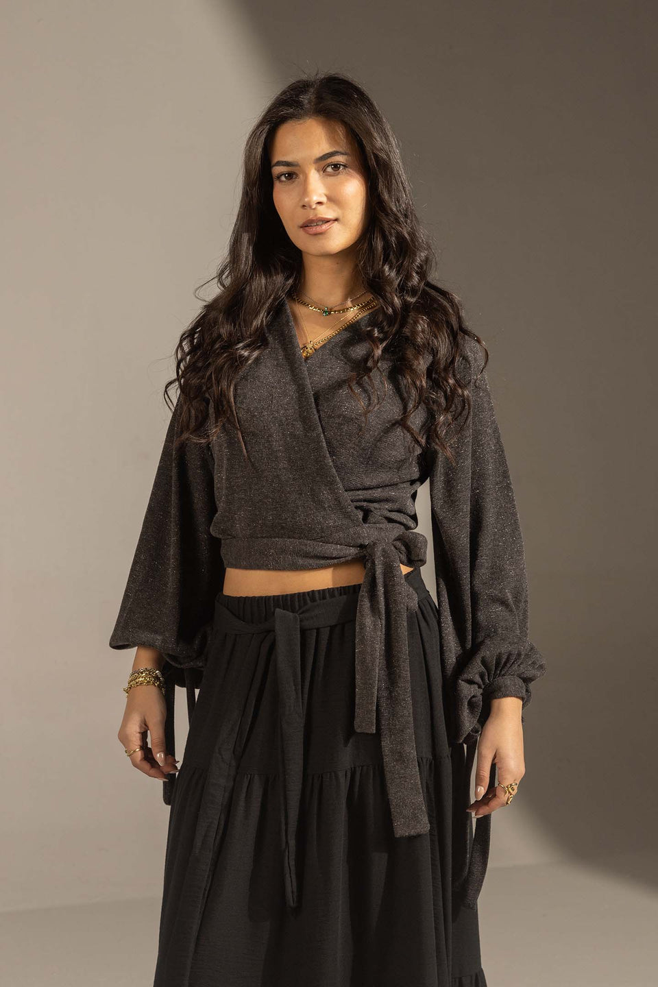 Black Elegant Wrap Blouse with Tie Sleeves