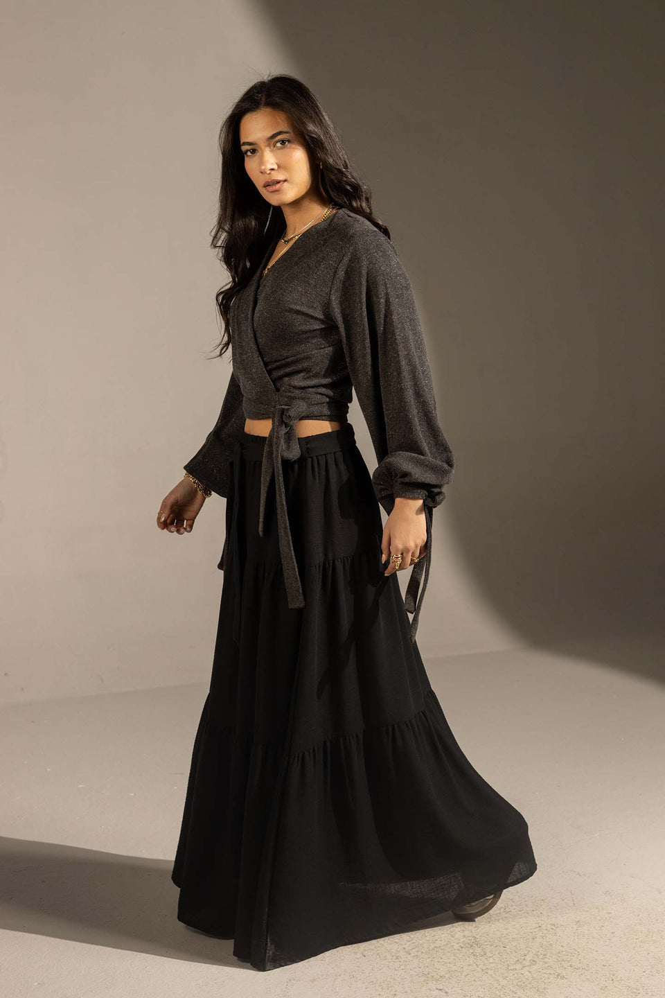 Black Elegant Wrap Blouse with Tie Sleeves