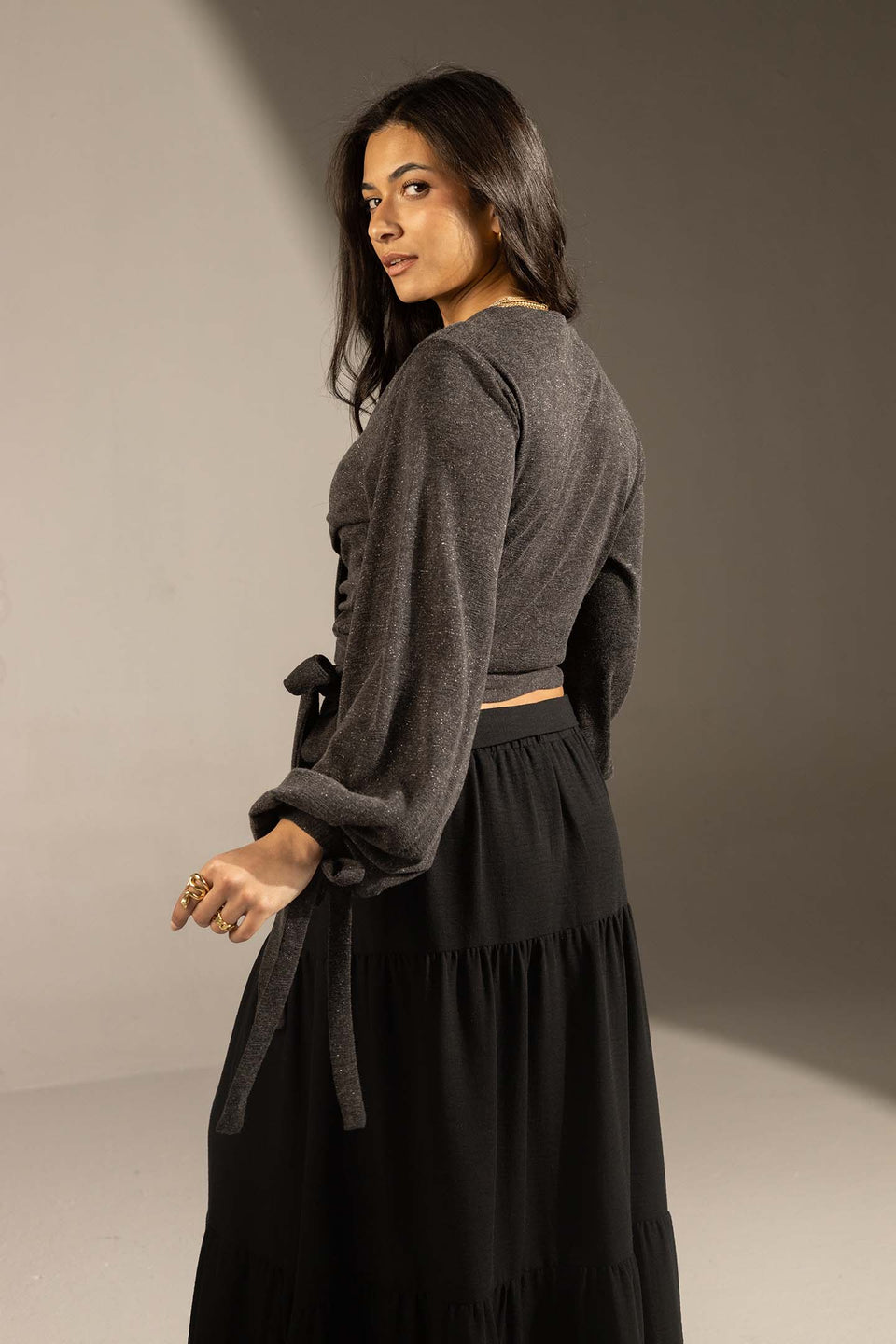 Black Elegant Wrap Blouse with Tie Sleeves