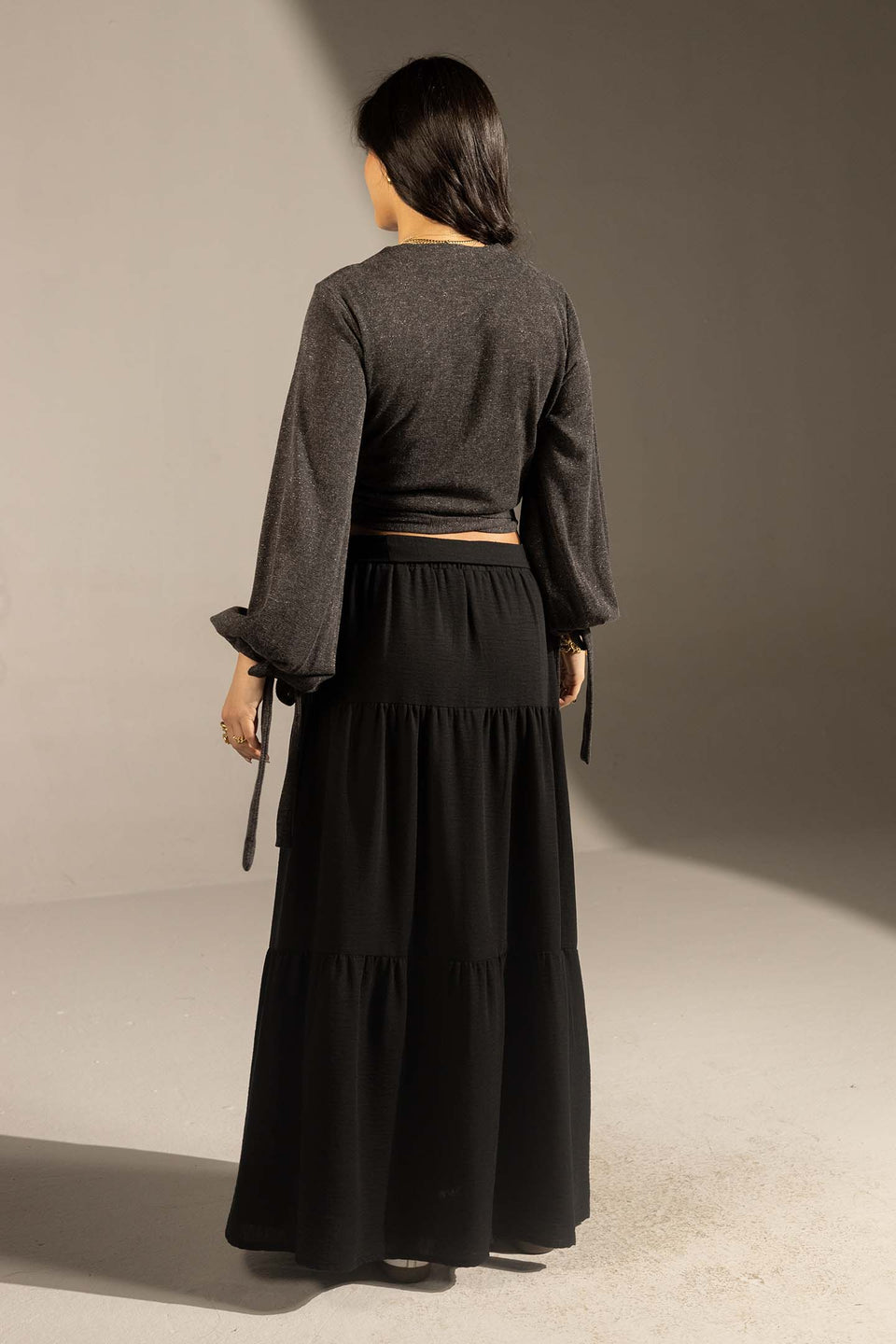 Black Elegant Wrap Blouse with Tie Sleeves