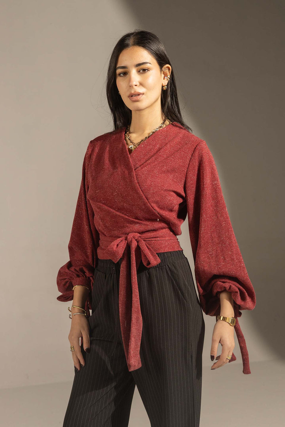 Burgundy Elegant Wrap Blouse with Tie Sleeves
