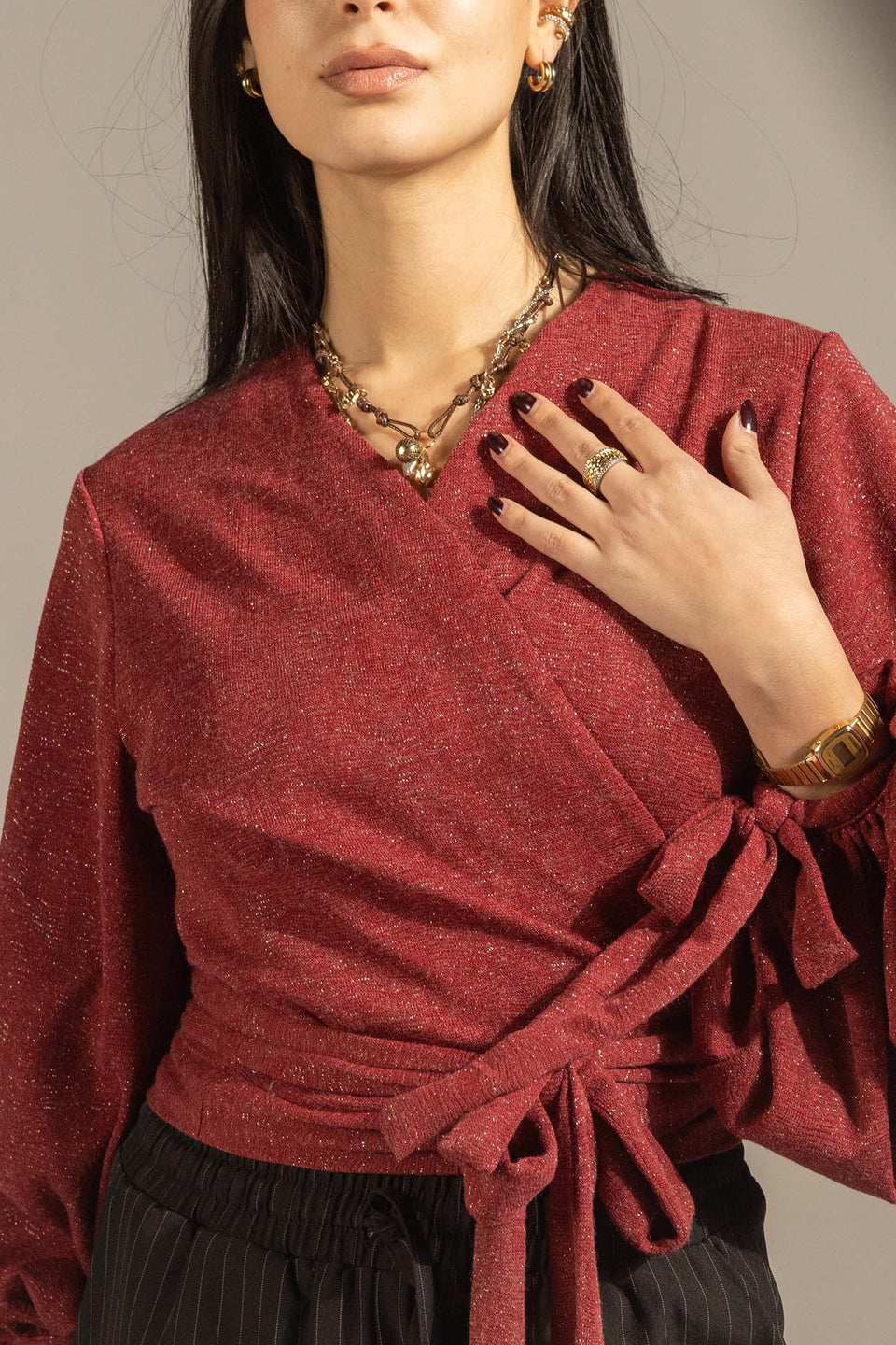Burgundy Elegant Wrap Blouse with Tie Sleeves