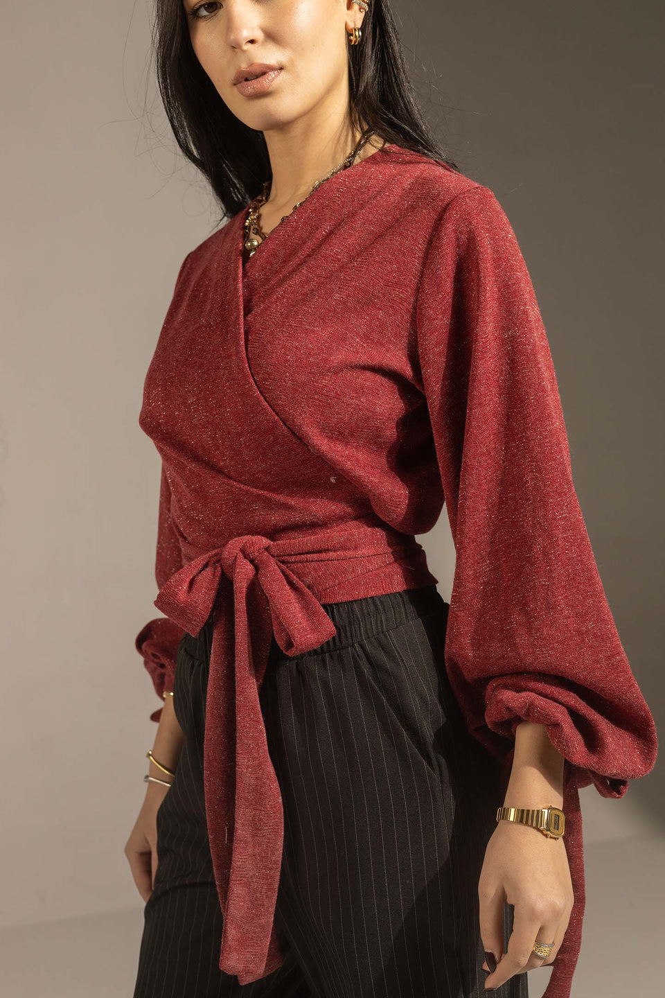 Burgundy Elegant Wrap Blouse with Tie Sleeves