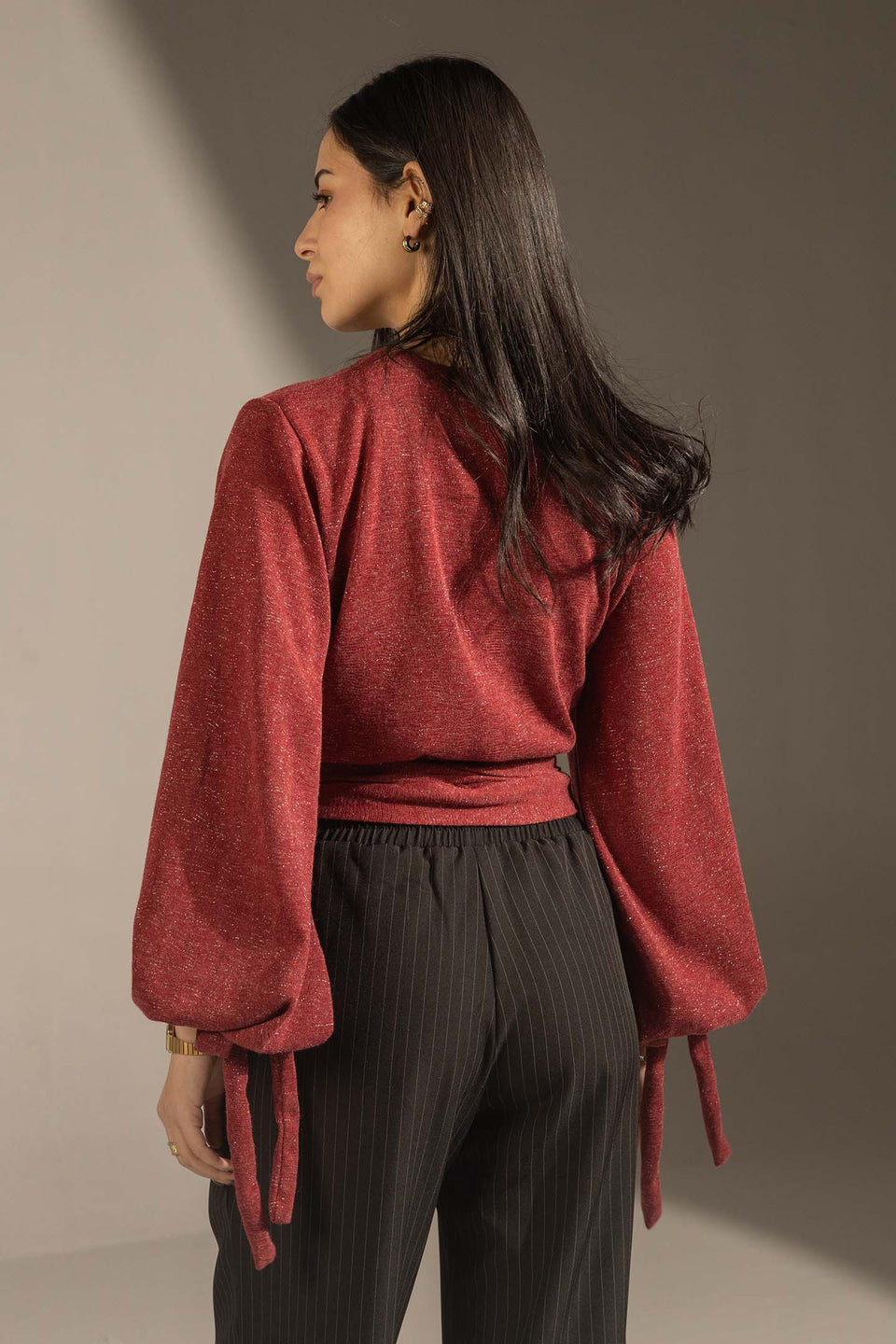 Burgundy Elegant Wrap Blouse with Tie Sleeves