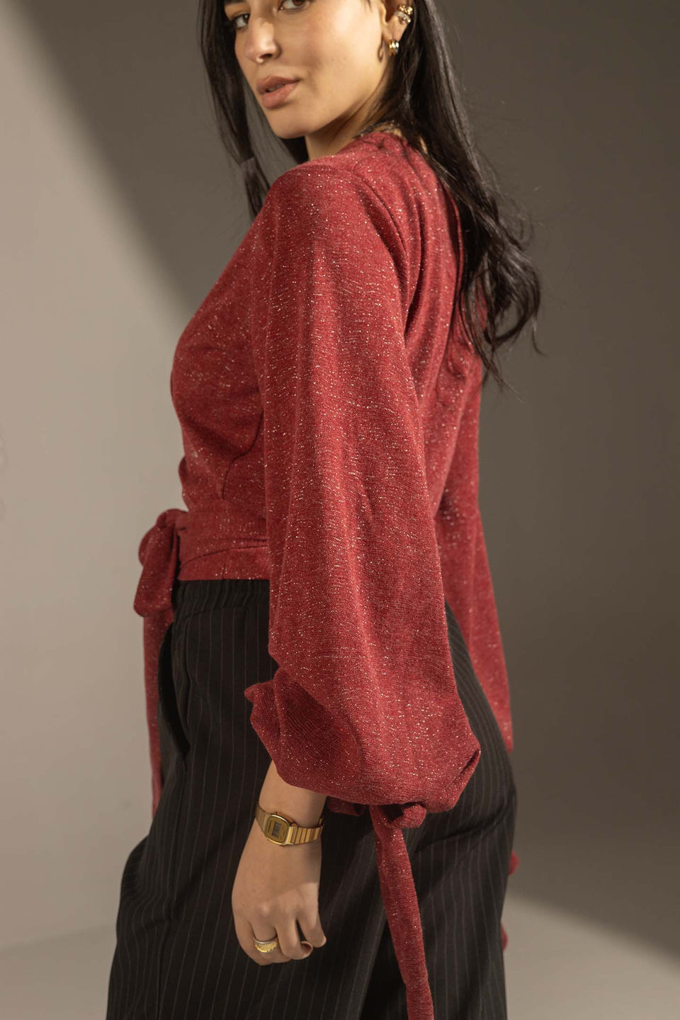 Burgundy Elegant Wrap Blouse with Tie Sleeves