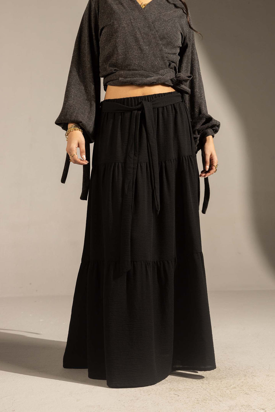 Black Elastic Waist Tiered Maxi Skirt