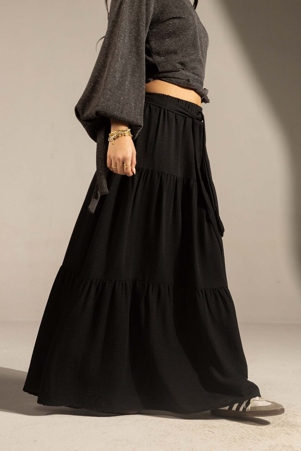 Black Elastic Waist Tiered Maxi Skirt