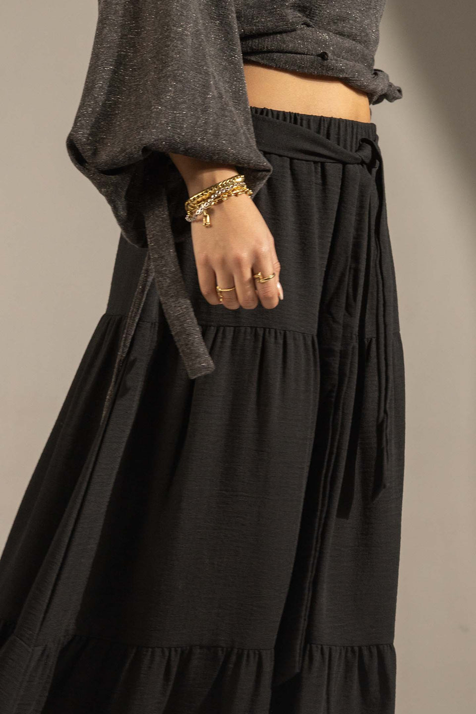 Black Elastic Waist Tiered Maxi Skirt