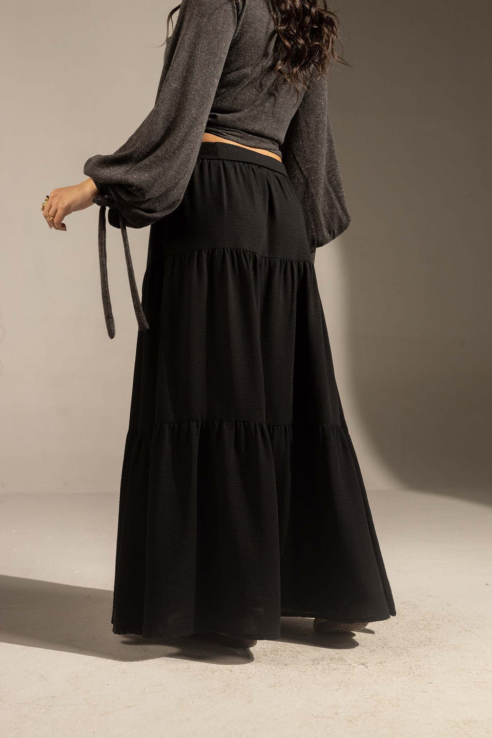 Black Elastic Waist Tiered Maxi Skirt