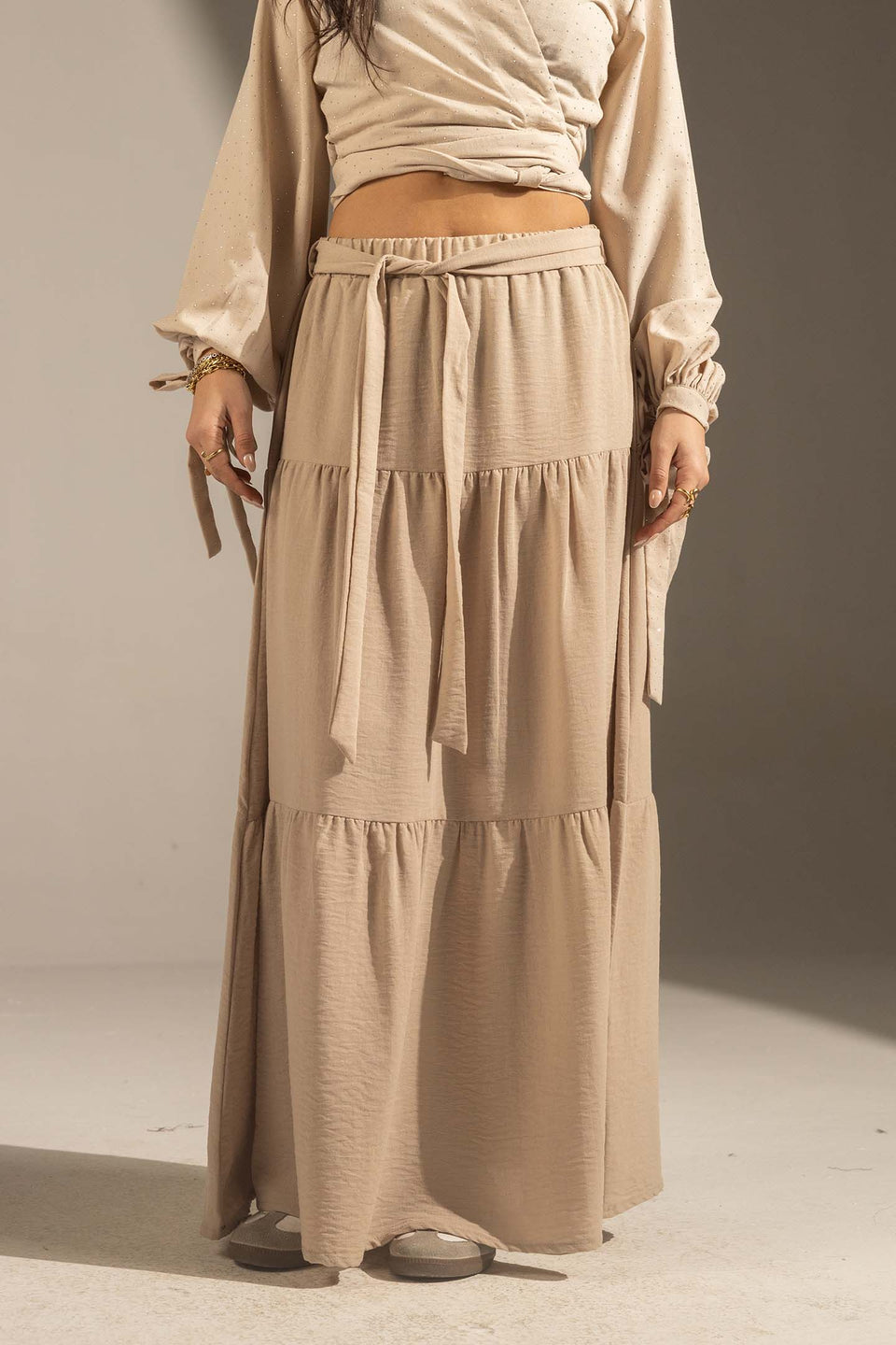 Coffe Elastic Waist Tiered Maxi Skirt