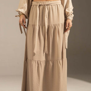 Coffe Elastic Waist Tiered Maxi Skirt