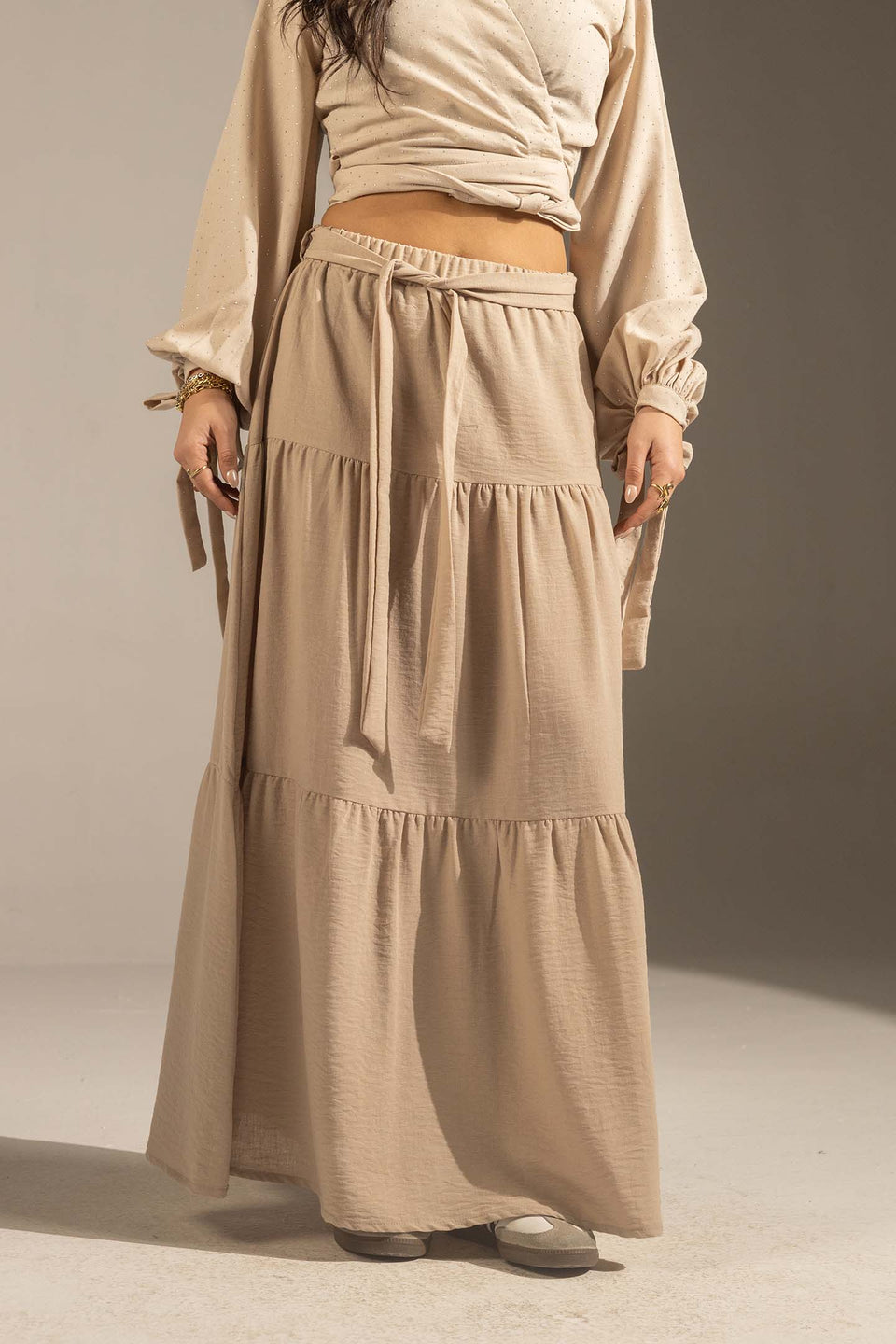 Coffe Elastic Waist Tiered Maxi Skirt
