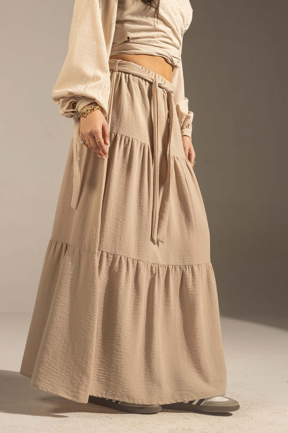 Coffe Elastic Waist Tiered Maxi Skirt