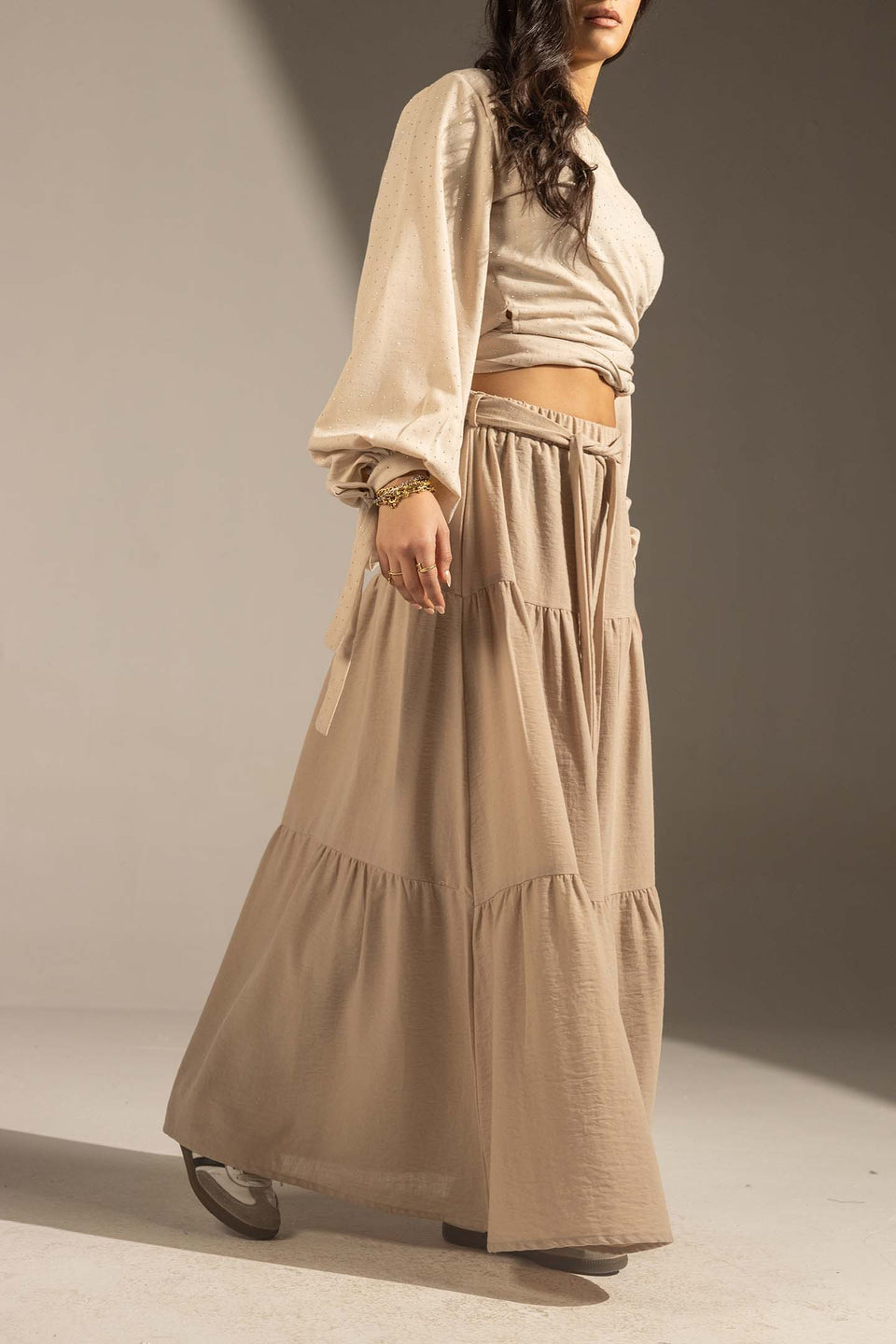 Coffe Elastic Waist Tiered Maxi Skirt