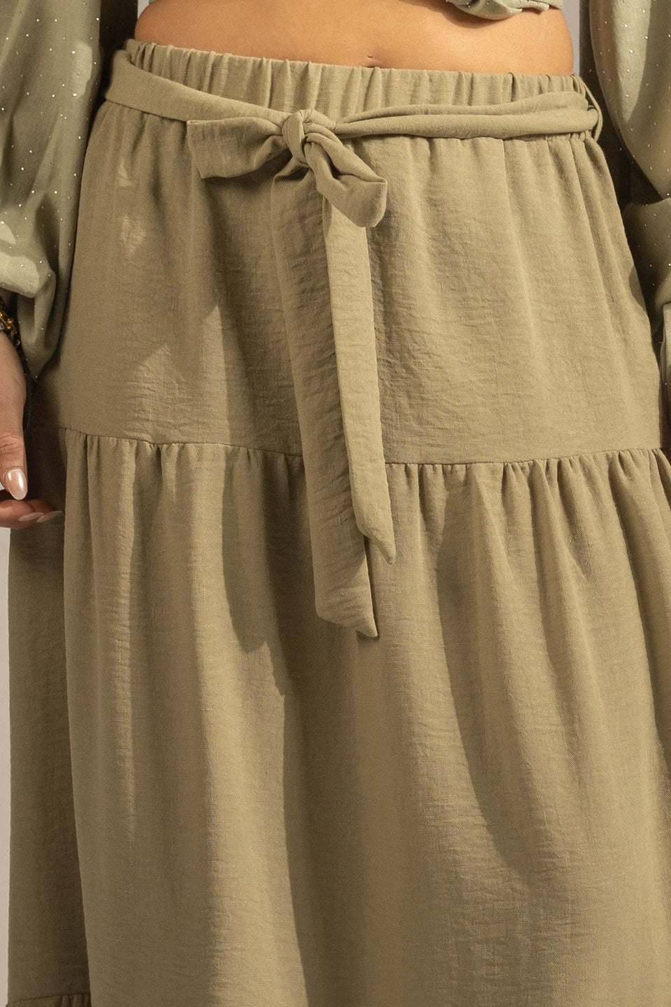 Olive Elastic Waist Tiered Maxi Skirt