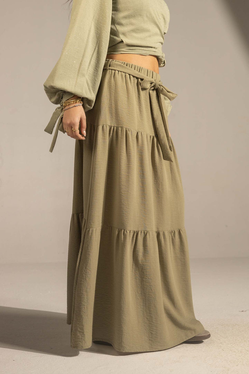 Olive Elastic Waist Tiered Maxi Skirt