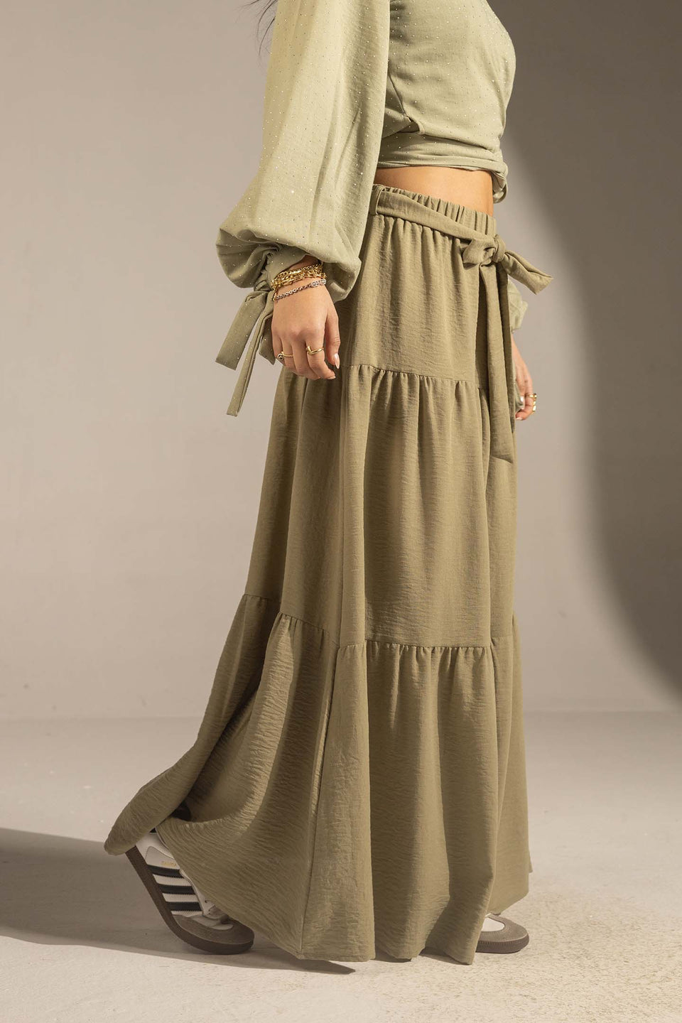 Olive Elastic Waist Tiered Maxi Skirt