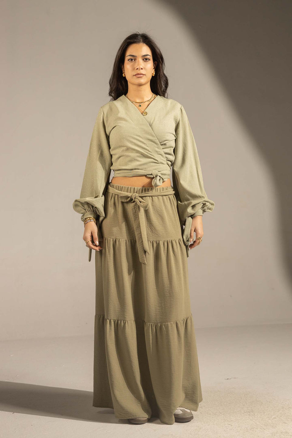 Olive Elastic Waist Tiered Maxi Skirt