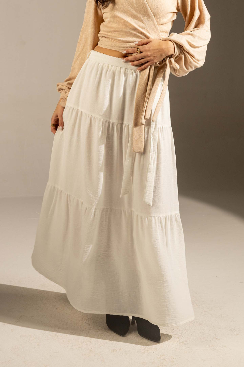 White Elastic Waist Tiered Maxi Skirt