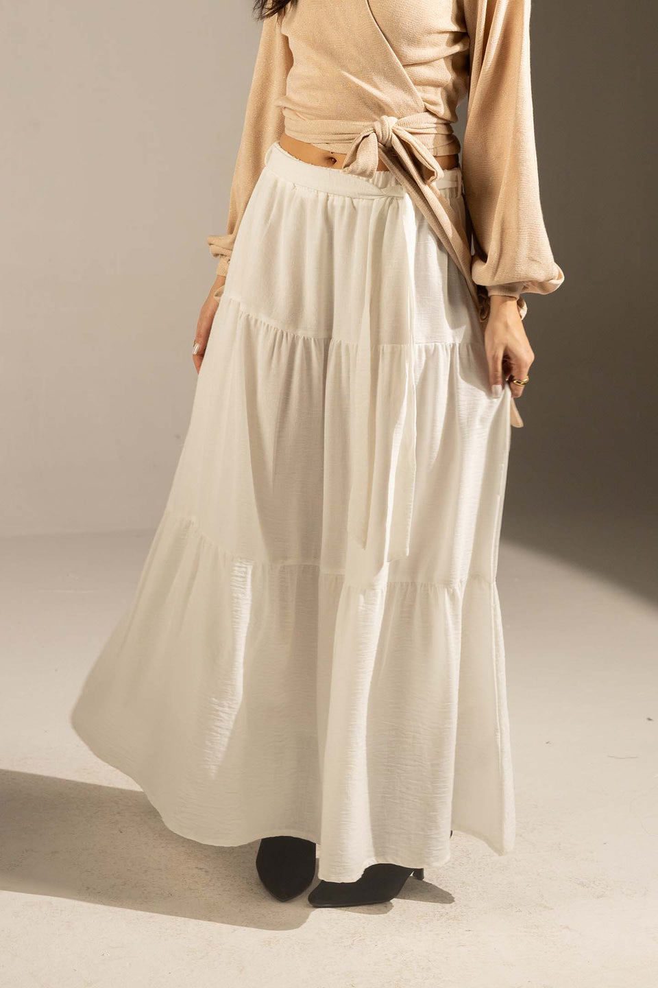 White Elastic Waist Tiered Maxi Skirt