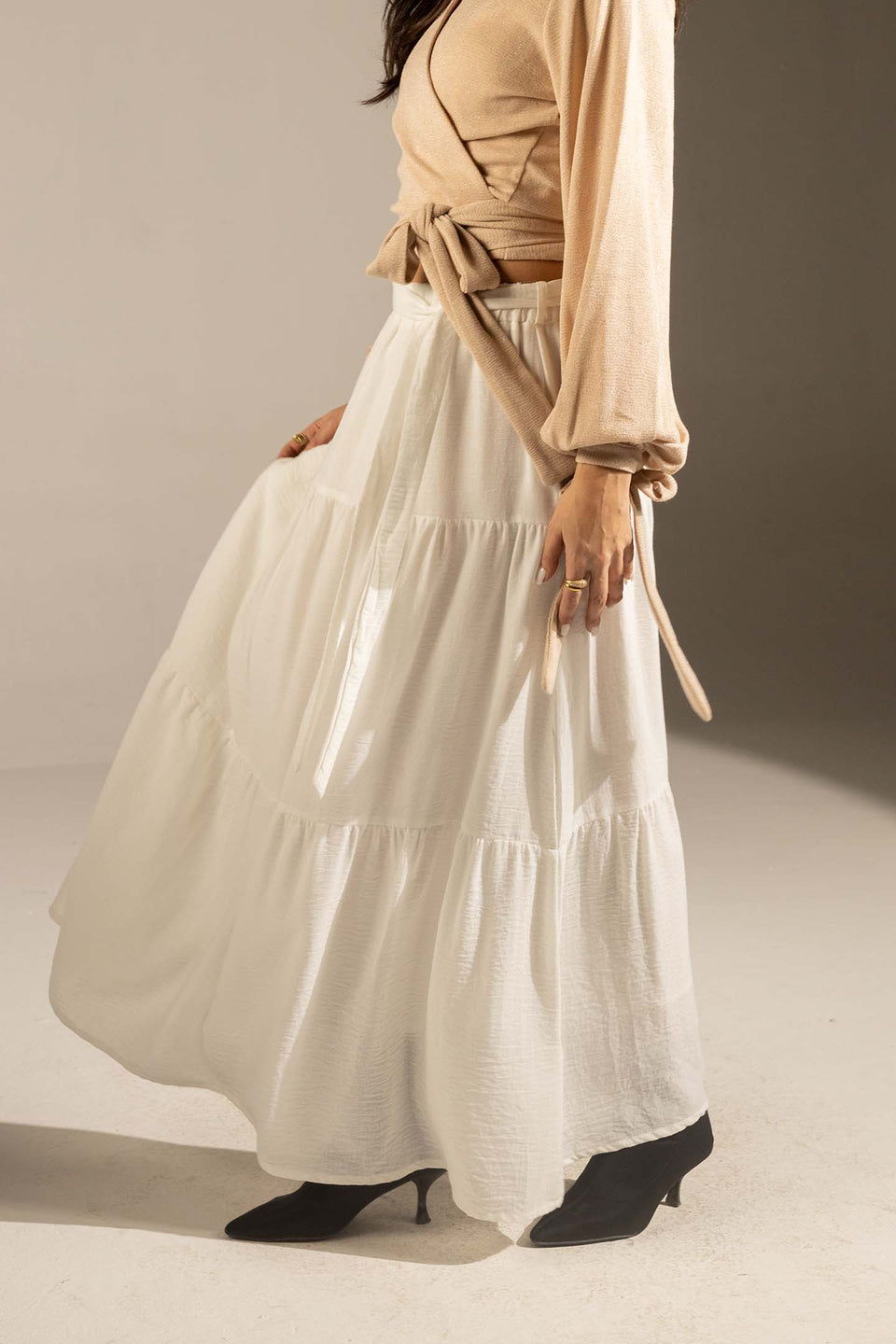 White Elastic Waist Tiered Maxi Skirt