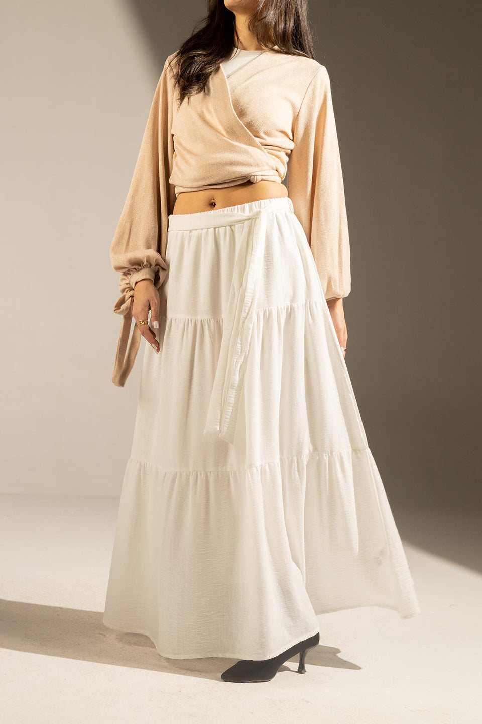 White Elastic Waist Tiered Maxi Skirt