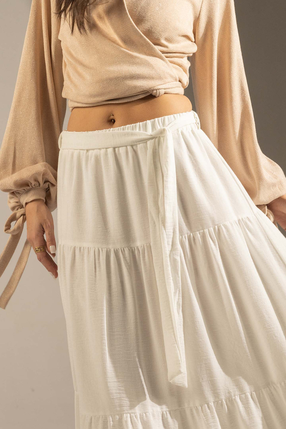 White Elastic Waist Tiered Maxi Skirt