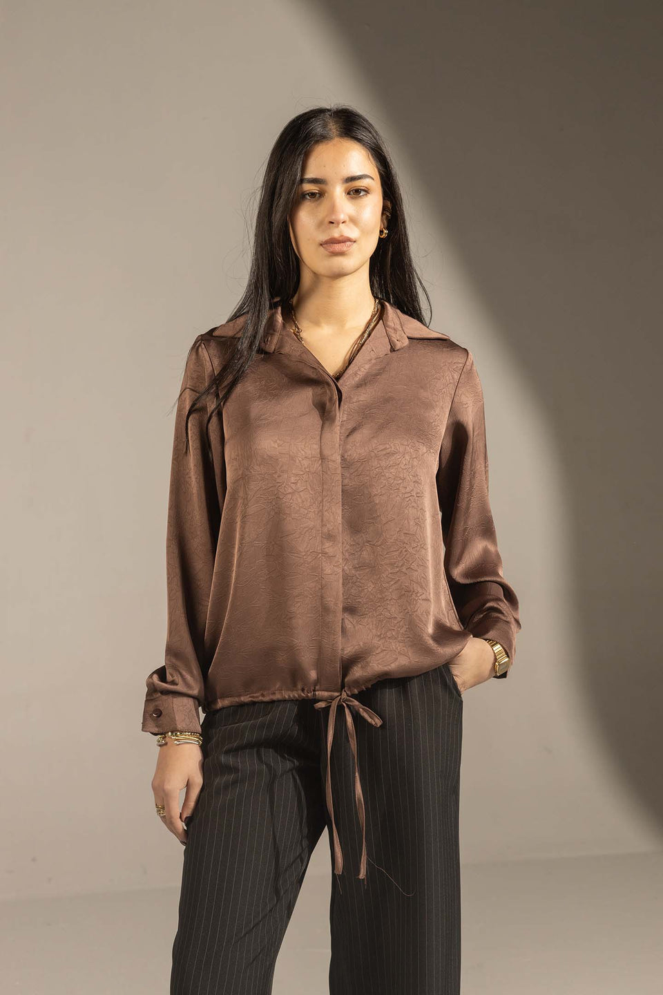 Brown Textured Satin Drawstring Shirt
