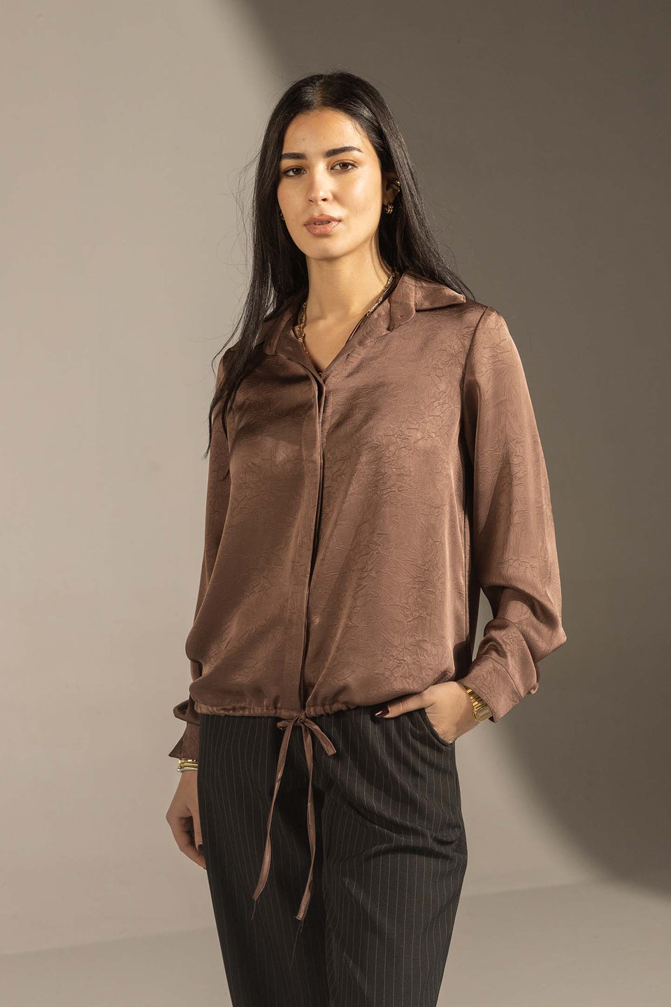 Brown Textured Satin Drawstring Shirt