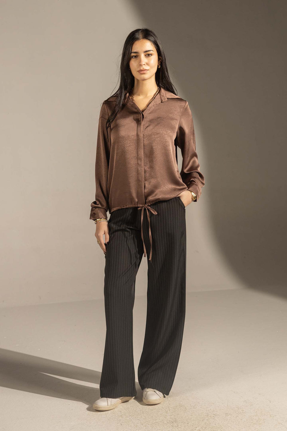 Brown Textured Satin Drawstring Shirt