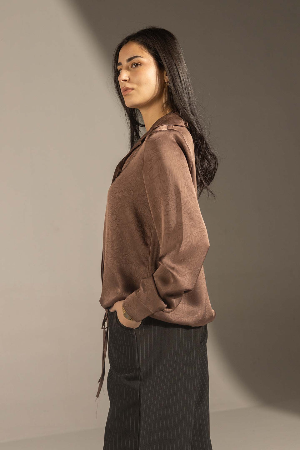Brown Textured Satin Drawstring Shirt