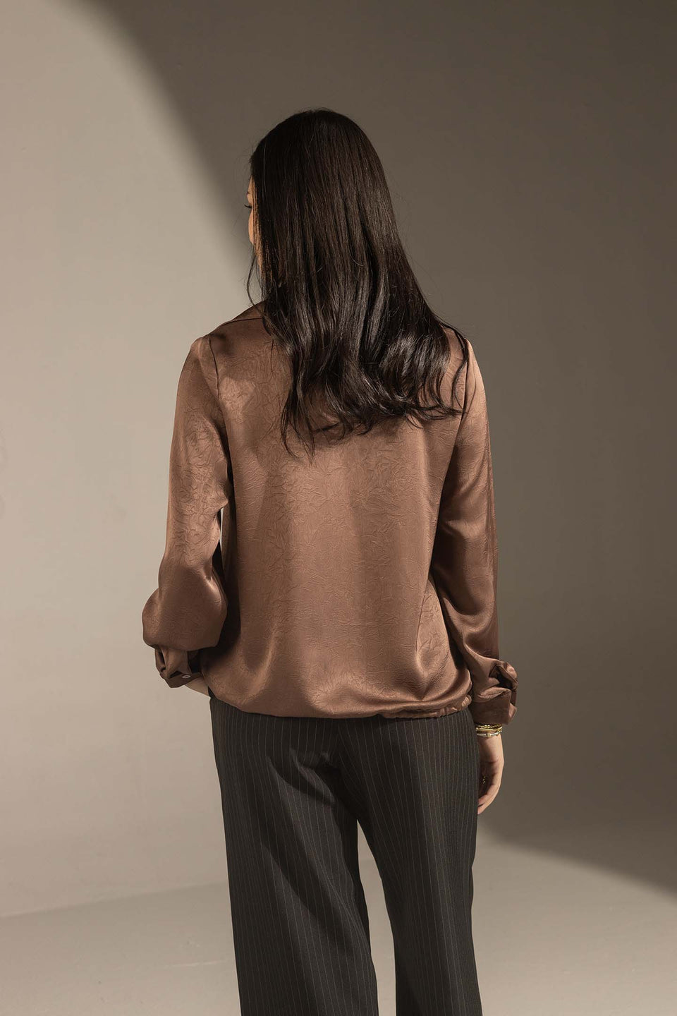 Brown Textured Satin Drawstring Shirt