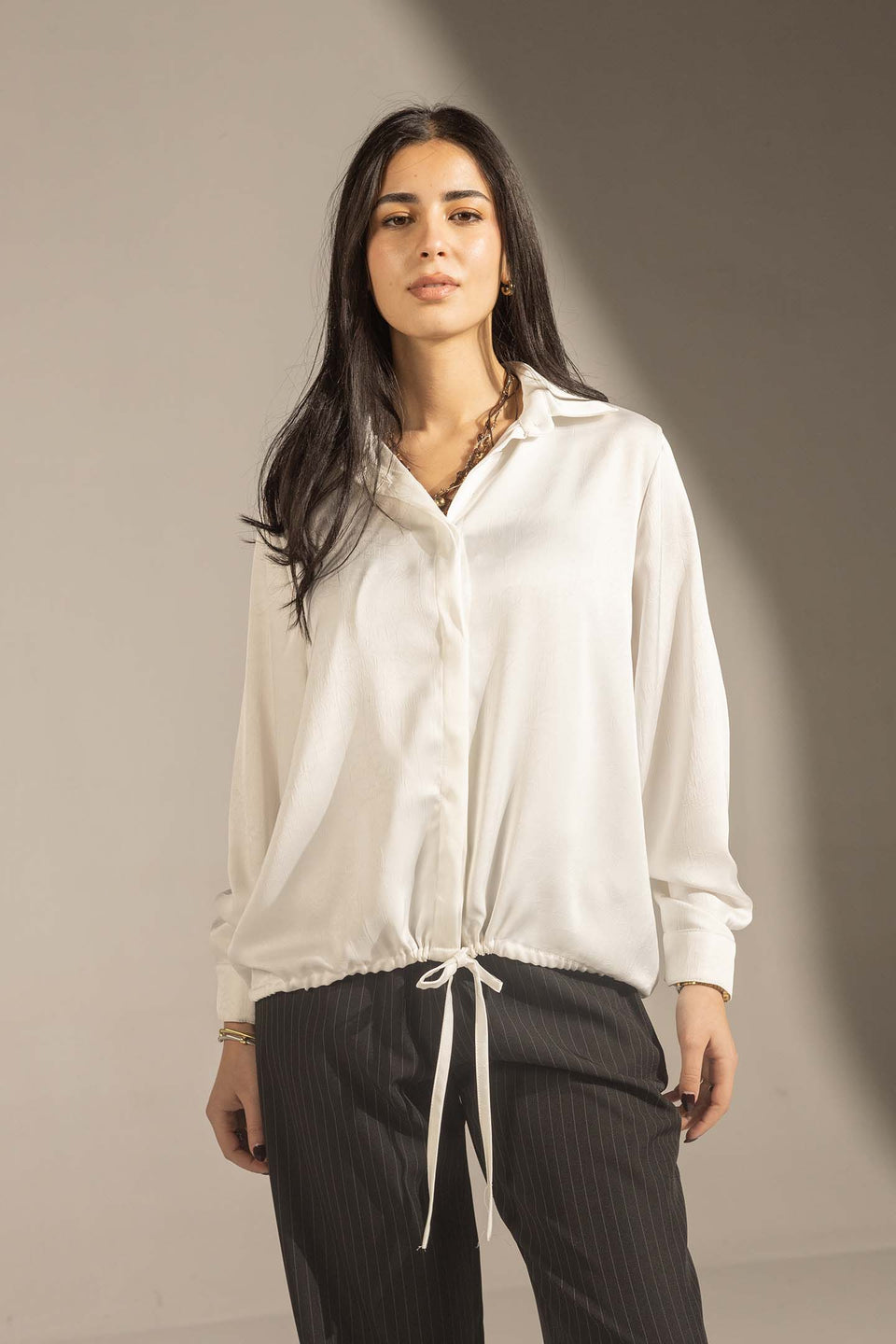 White Textured Satin Drawstring Shirt