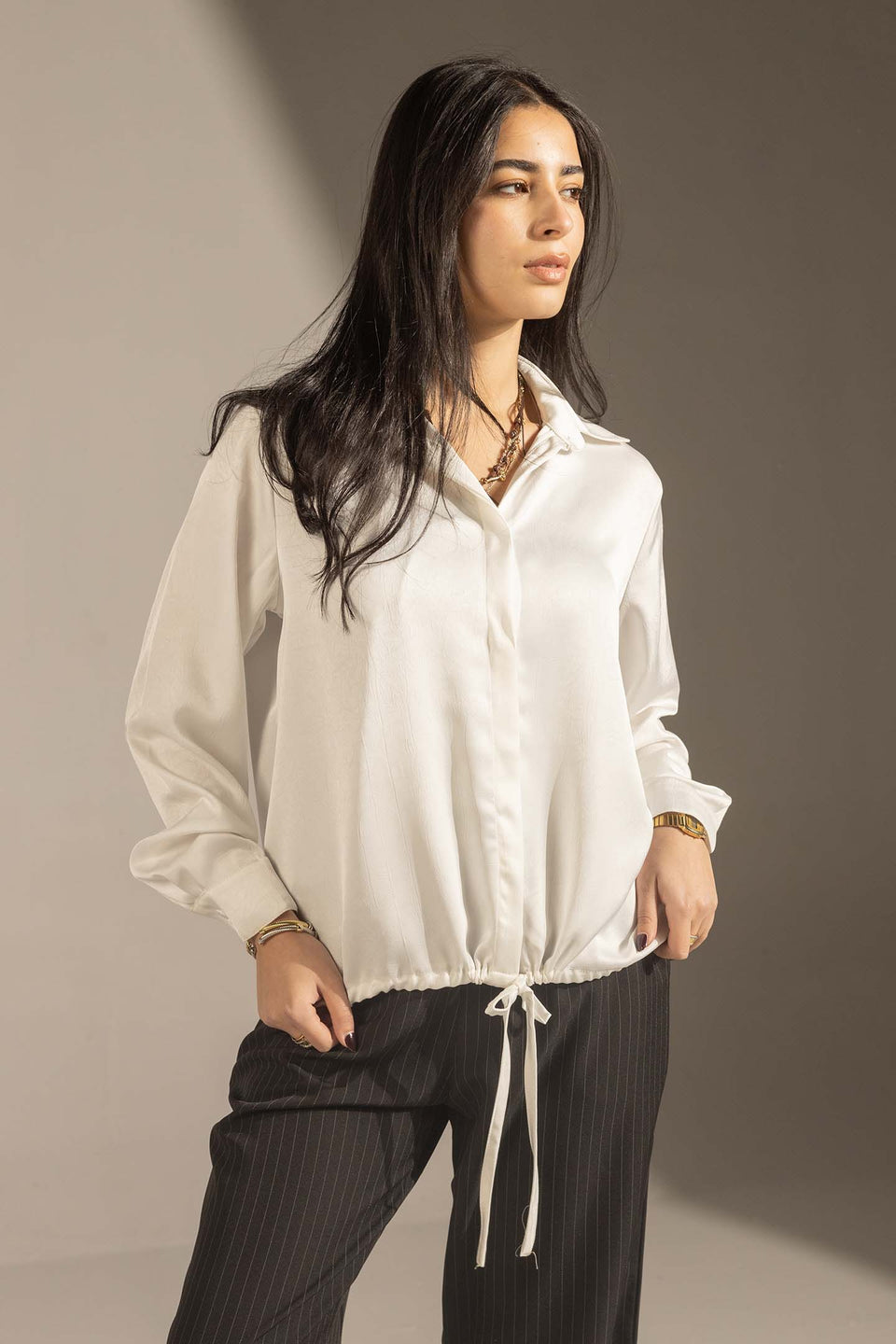 White Textured Satin Drawstring Shirt
