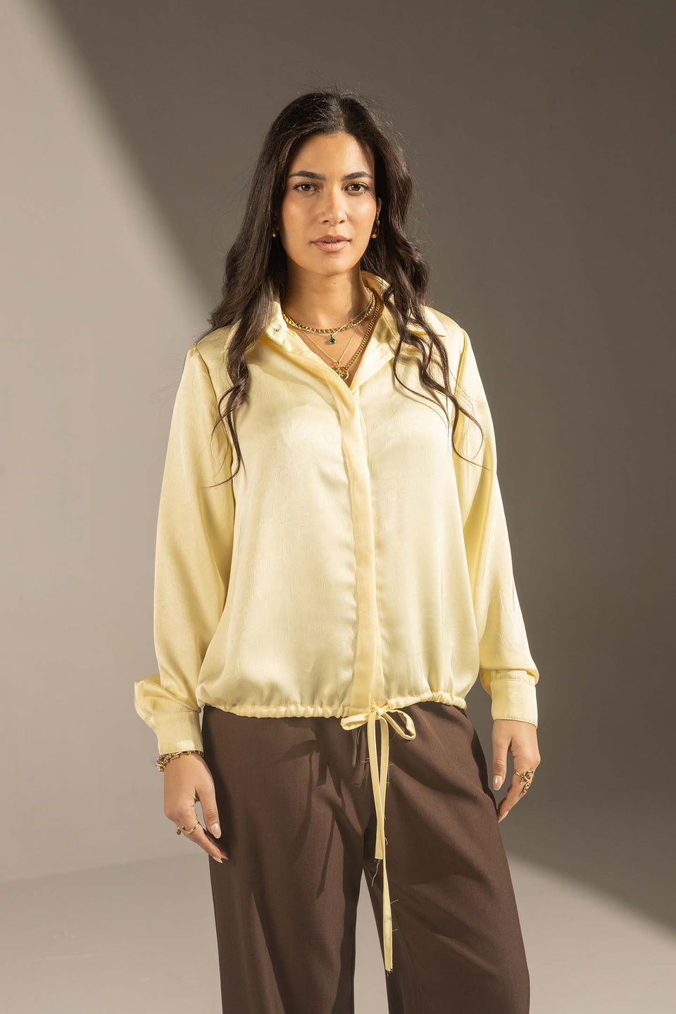 Yellow Textured Satin Drawstring Shirt
