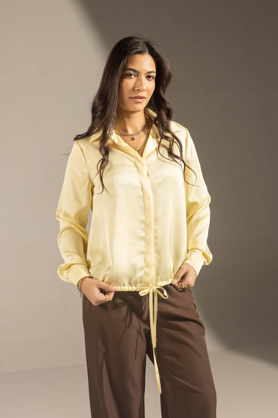 Yellow Textured Satin Drawstring Shirt
