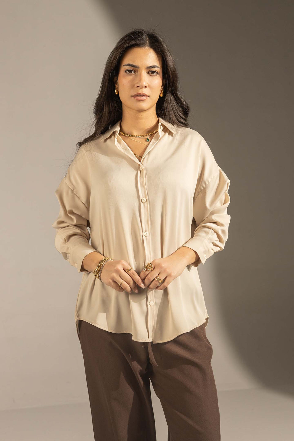 Beige Soft Satin Relaxed Button-Up Shirt