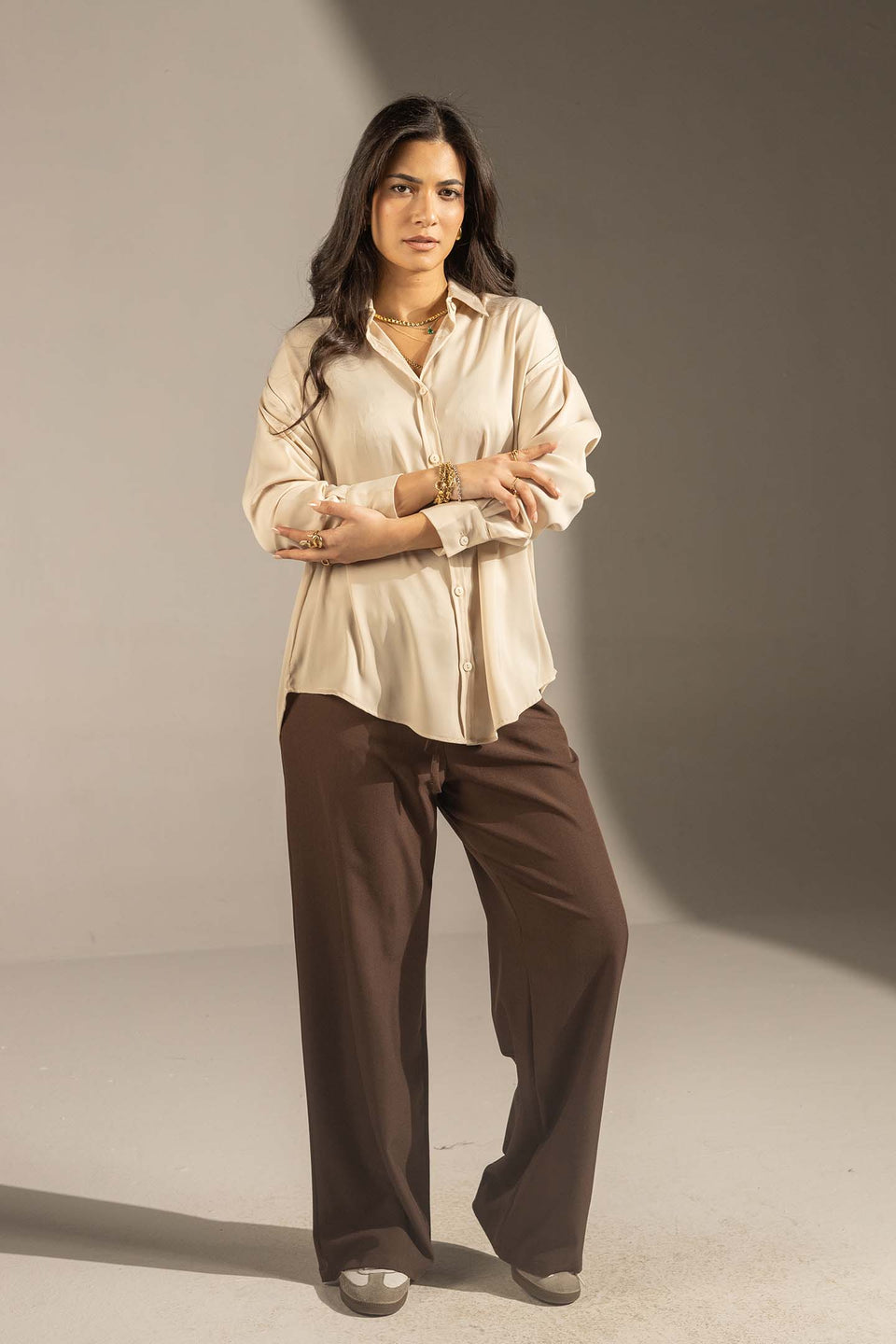 Beige Soft Satin Relaxed Button-Up Shirt