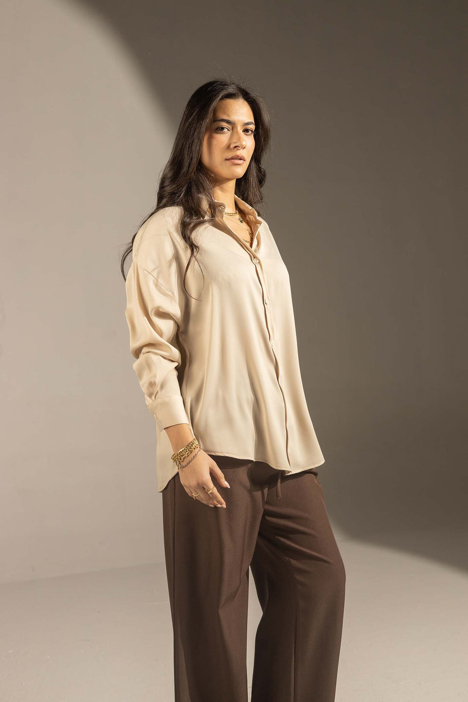 Beige Soft Satin Relaxed Button-Up Shirt