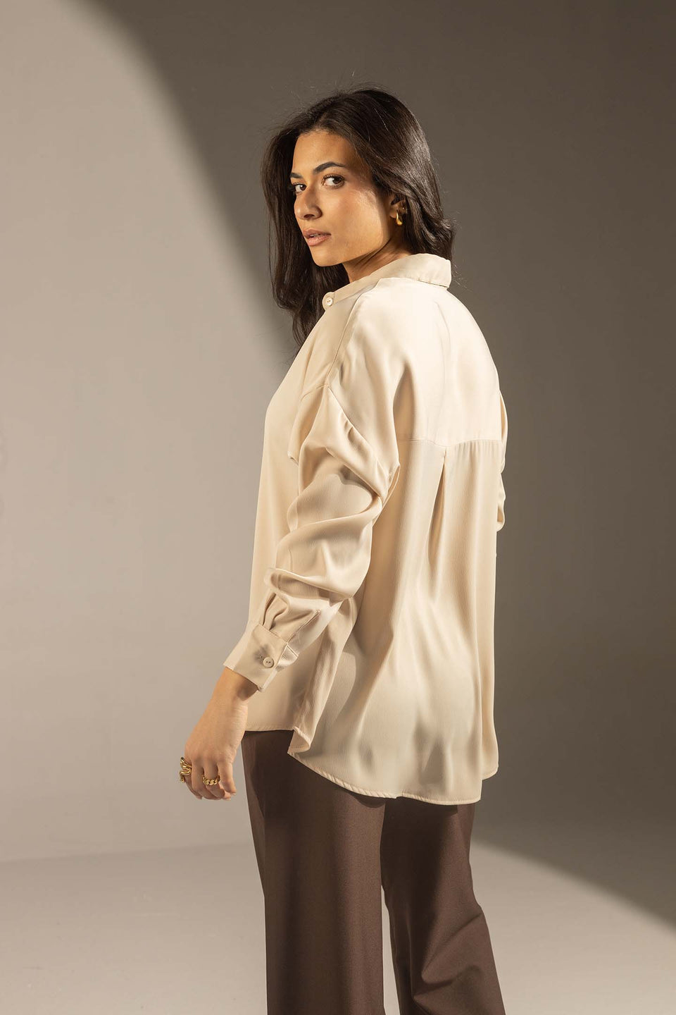 Beige Soft Satin Relaxed Button-Up Shirt